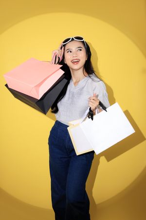 Asian Happy Female Woman Holds Colourful Shopping Packages.