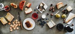 Wine and snack variety, top view