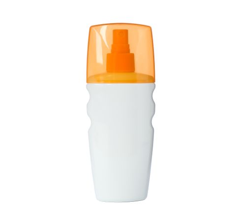 Sunscreen spray isolated on blank background. Summer vacation accessories