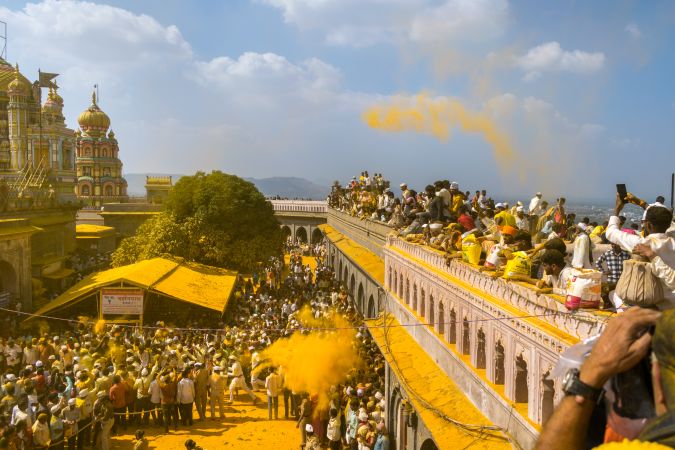 Jejuri, Maharashtra, India - Dec 30, 2024: Palkhi of Lord Khandoba at the famous and beautiful Khandoba temple at Jejuri during the festival of Somvati Amavasya