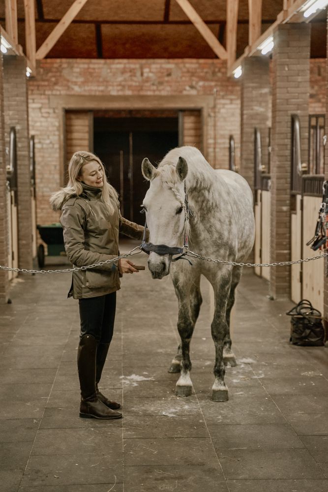 Woman hugging horse with long mane in face in stable