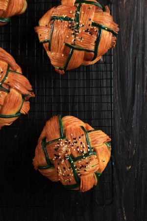 Top View Cropat Croissant Ketupat, Pastry with Beef Rendang Filling