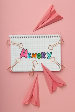 Vertical composition of notepad with “memory” written in colorful markers with paper planes