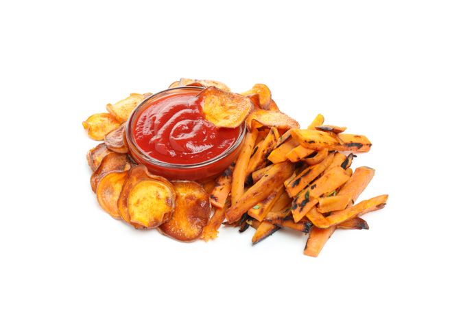 Fried sweet potato, isolated on light background