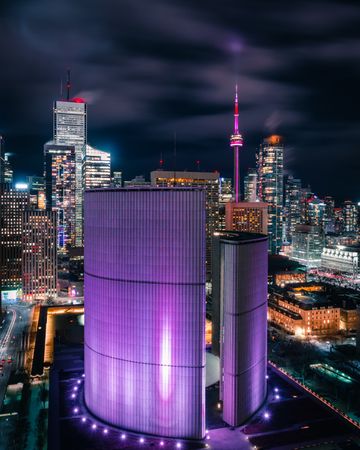 High rise building in city during nighttime in Toronto, Canada