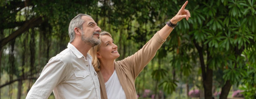 Banner shot of mature man and woman standing in tree filled park and pointing up