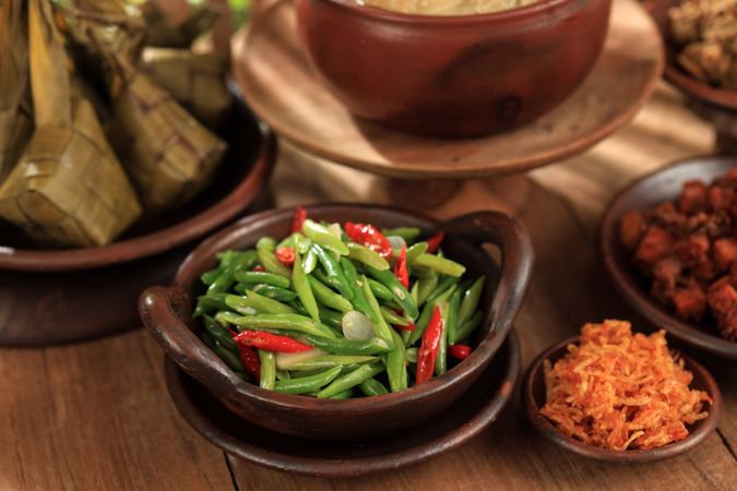 Tumis Buncis or Stir Fry French Bean or String Beans served in Clay Plate.