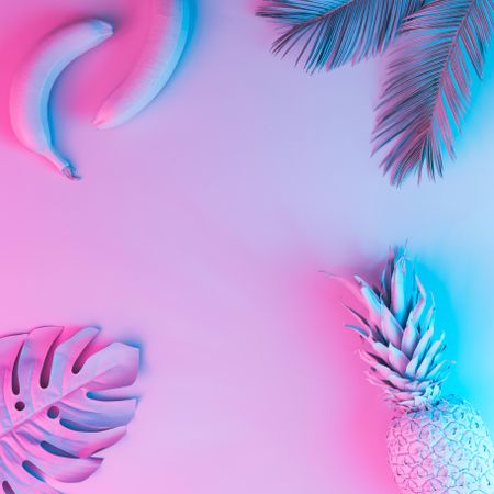 Tropical fruits and palm leaves in vibrant bold gradient holographic neon colors