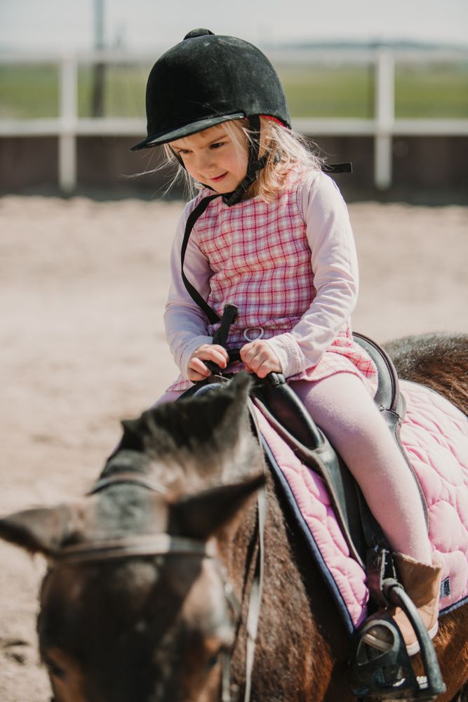 Little girl riding horse on hippodrome