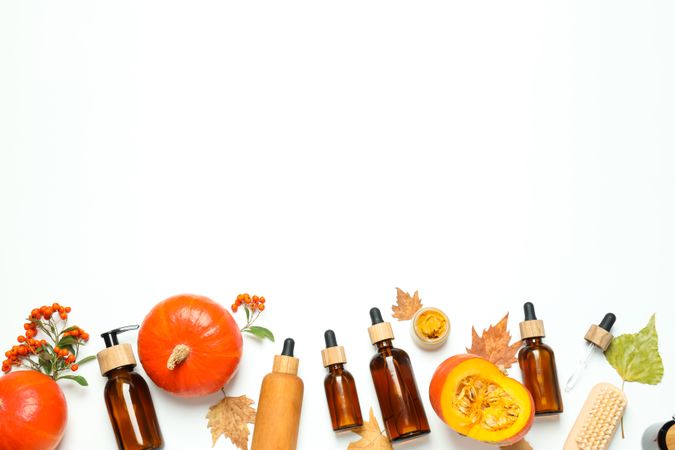 Concept of different cosmetic products, Pumpkin cosmetics, space for text