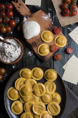 Homemade ravioli made with parmesan cheese, tomato and basil.