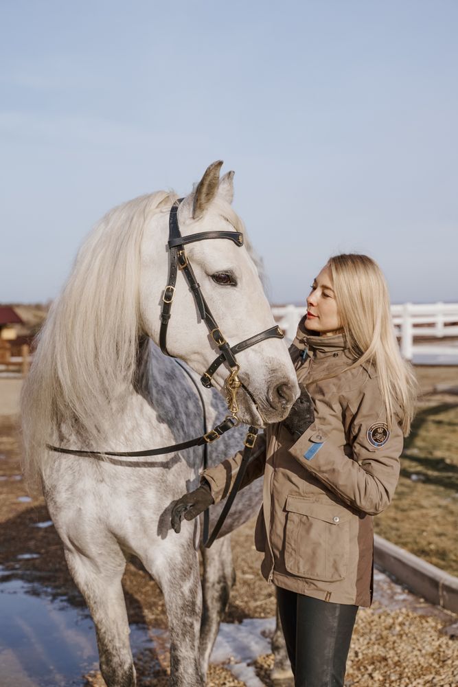 Warm dressed woman with gray horse outside