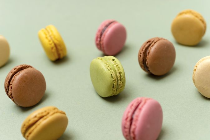 View of colorful macaroons on a marble background