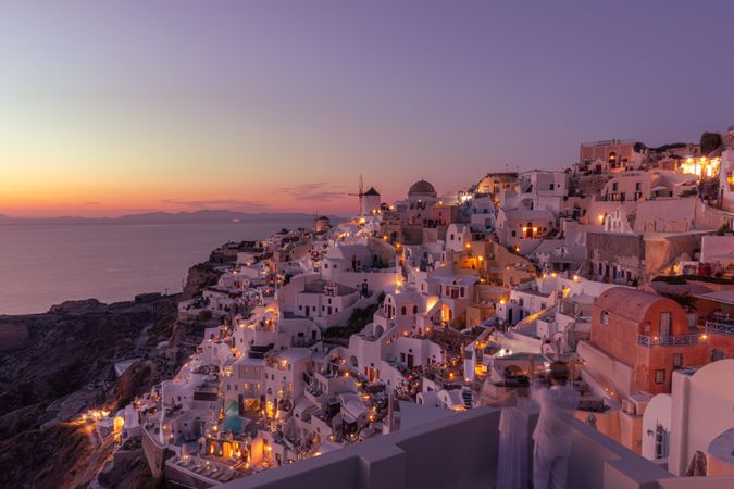 Buildings on the Greek island of Santorini at sunset
