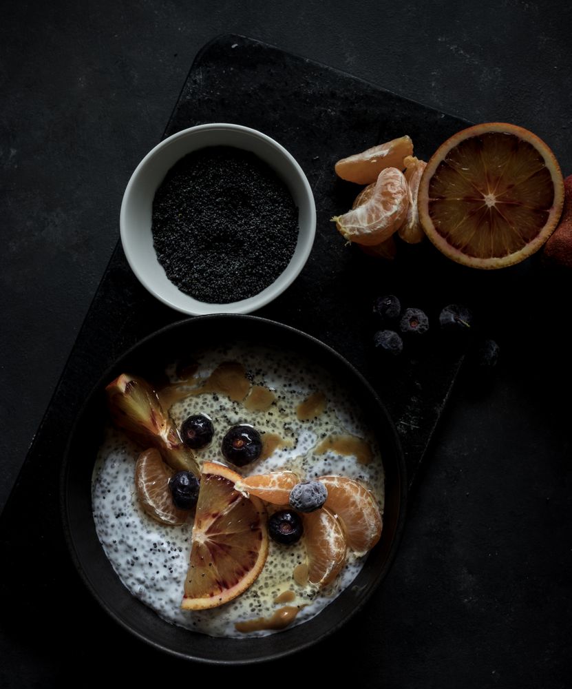 Chia seeds pudding with citrus in bowl