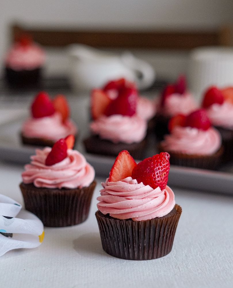 Tray of strawberry chocolate cupcakes