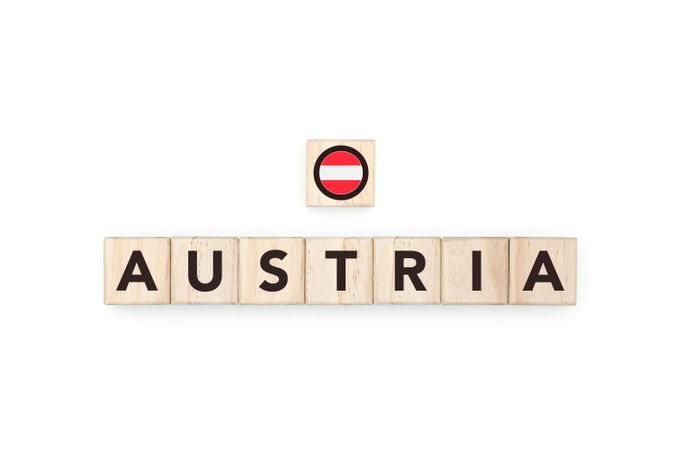 Wooden blocks bearing the name and flag of Austria.