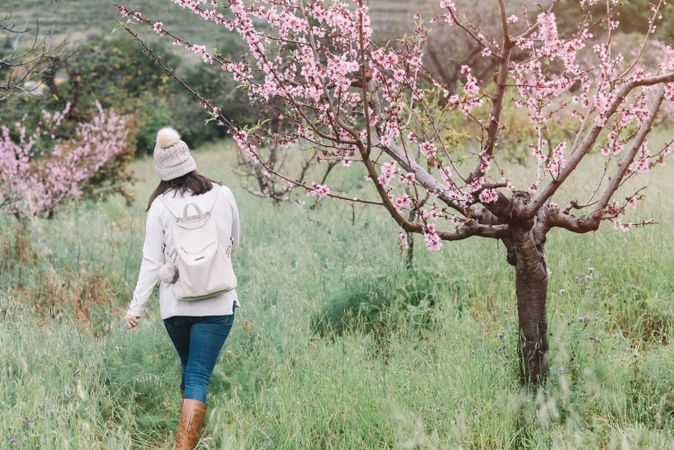 Anonymous woman walking near blooming tree