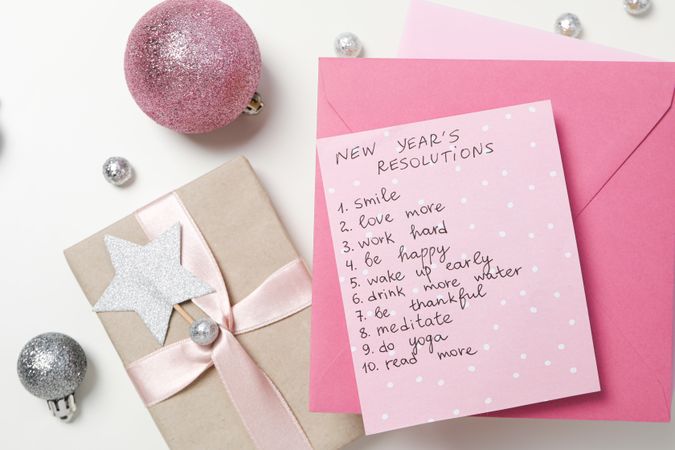 Concept of New Year Resolutions list, new year goals, top view