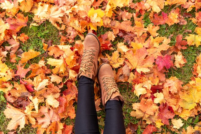 Woman's boots in autumn leaves