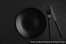Dark matte plate, fork and knife on dark table 5rWV24