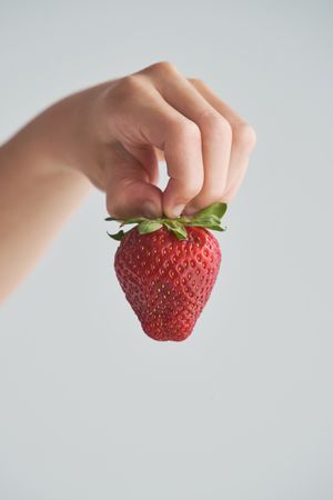 Crop person holding ripe strawberry in hand on gray background