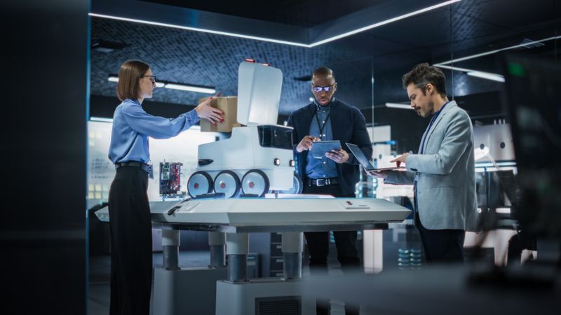 Diverse Team of Industrial Specialists Working on Remotely Controlled Mobility Robot in a Research Facility. Engineer Testing the Parcel Compartment of the Delivery Machine with Self-Driving Autopilot