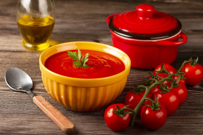 Delicious homemade tomato soup in bowl.