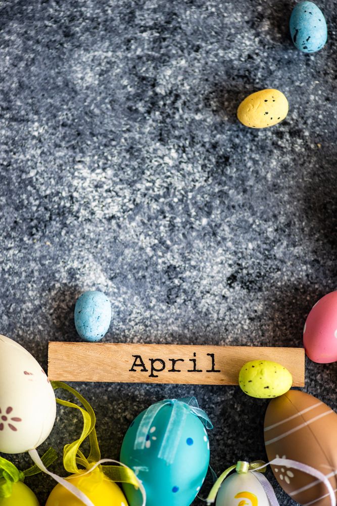 Easter card concept of grey counter with decorative small eggs