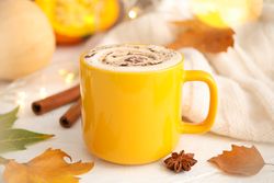 Composition with cup of pumpkin latte on soft background