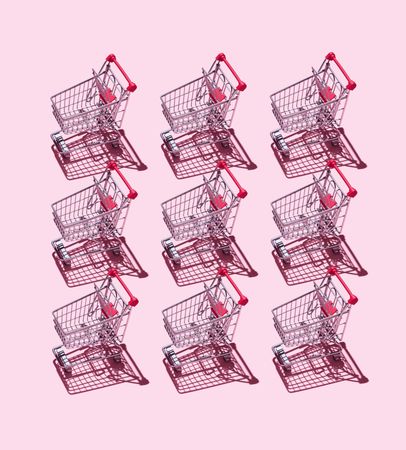 Nine mini toy shopping carts