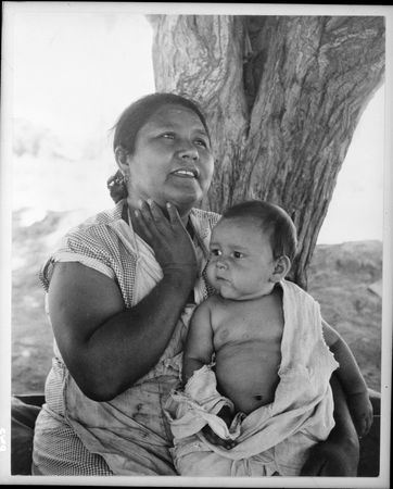 Portrait of a Mexican mother and her baby in California, June 1935, photo by Dorothea Lange