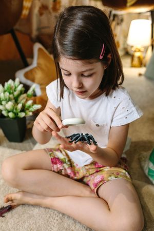 Girl playing observing toy bugs with a magnifying glass
