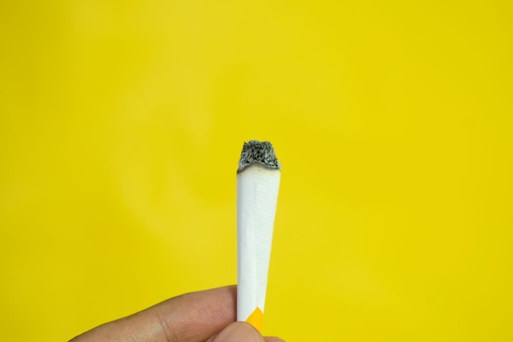 Side view of hand holding lit hand rolled cigarette
