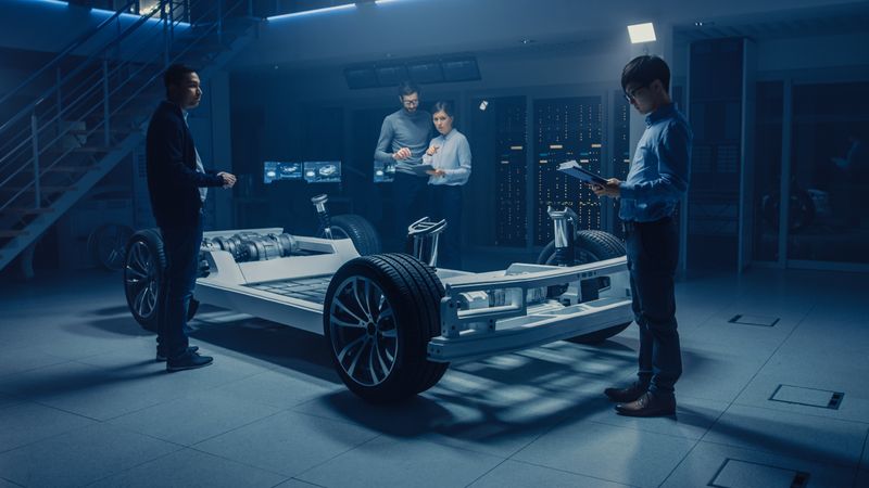 In Automotive Innovation Facility Vehicle Frame with Tires, Suspension, Engine and Battery