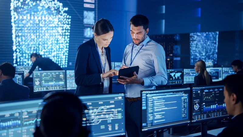 Professionals Review Data on Tablet in High-tech Control Room.