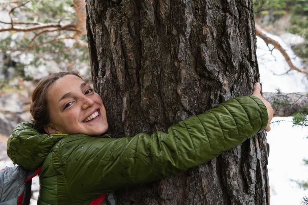 Smiling traveling woman hugging tree in woods