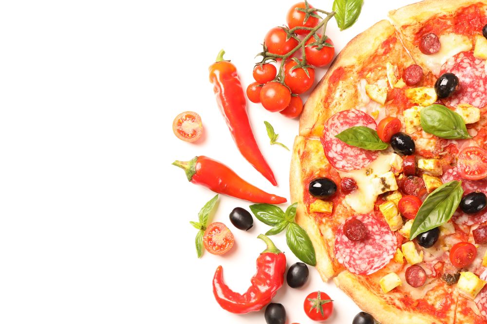 Delicious pizza and ingredients isolated on blank background. Flat lay