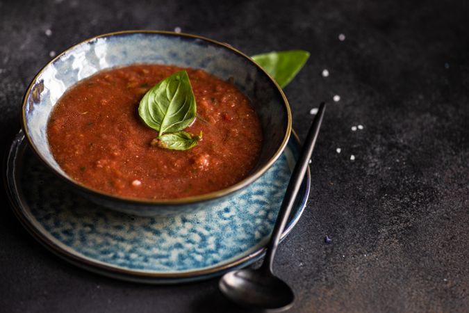 Traditional Spanish gazpacho with basil leaf garnish and copy space