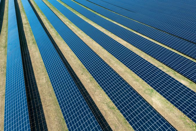 Solar panels station, drone view on a sunny day in spring in Heilbronn, Germany