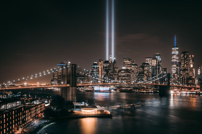 Cityscape of New York by Brooklyn bridge at night