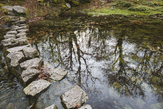 Stones between water in park