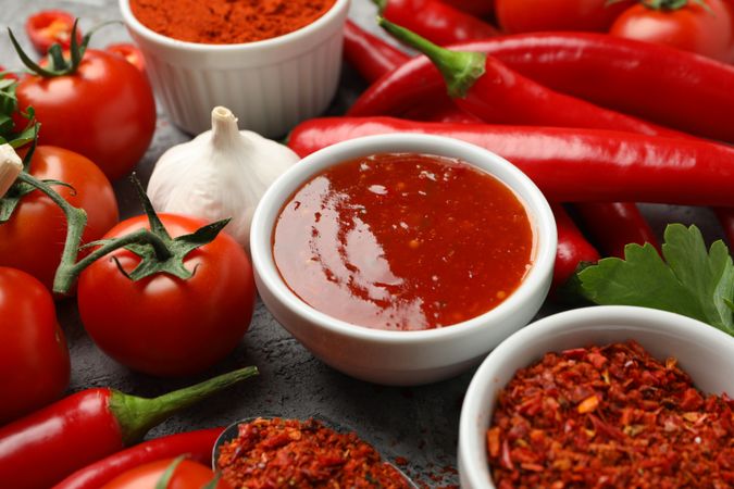 Composition with chilli pepper, powder spice, garlic and sauce on gray background