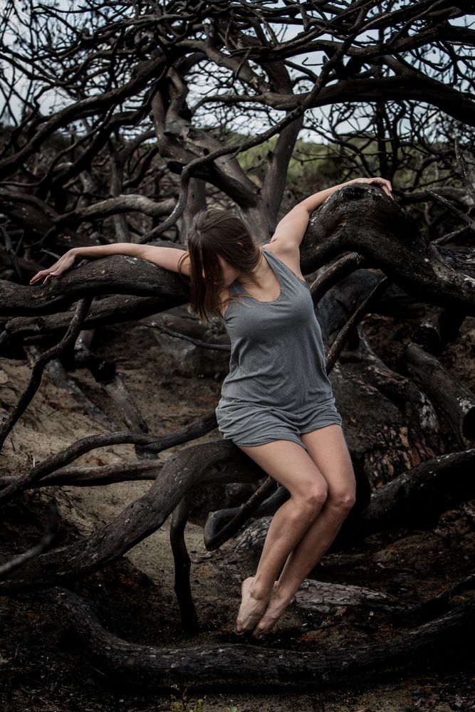 Woman posing on twigs of dry trees