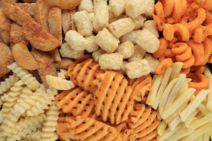 Top View Various Shape and Texture of French Fries