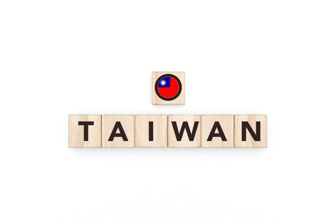 Wooden blocks bearing the name and flag of Taiwan.
