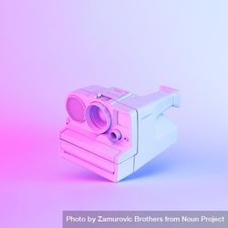 Vintage camera painted in light colored paint with bold gradient purple and blue holographic 4mjaob