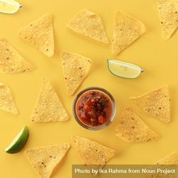 Chips, salsa and lime artfully scattered on yellow background 4MVykb