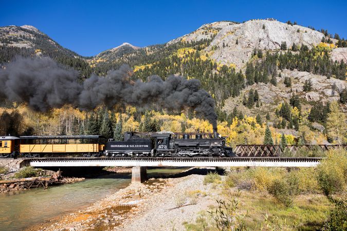 Old-fashioned coal-powered locomotive in Colorado Mountains
