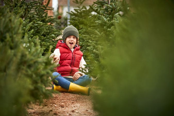 Cheerful kid sitting among Christmas trees